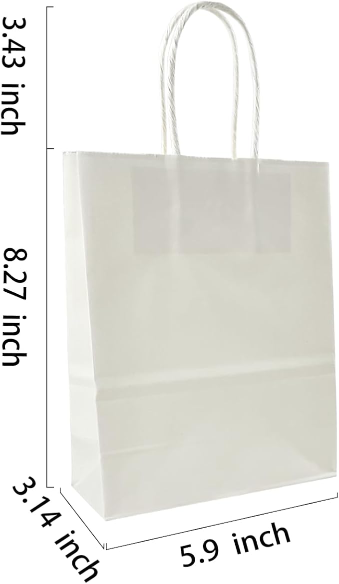 BAG BOX 100 Pack 5.9x3.1x8.25 Inch White Gift Bags with Handles,Bulk Kraft Paper Bags for Shopping, Retail, Merchandise, Wedding, Party Favors, Paper Grocery Sacks