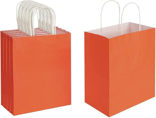 Oikss 50 Pack 8x4.75x10 Inch Medium Orange Kraft Paper Bags with Handles Bulk for Birthday Wedding Party Favors Grocery Retail Shopping Takeout Business Goody Craft Gift Bags Sacks, (50pcs Count)