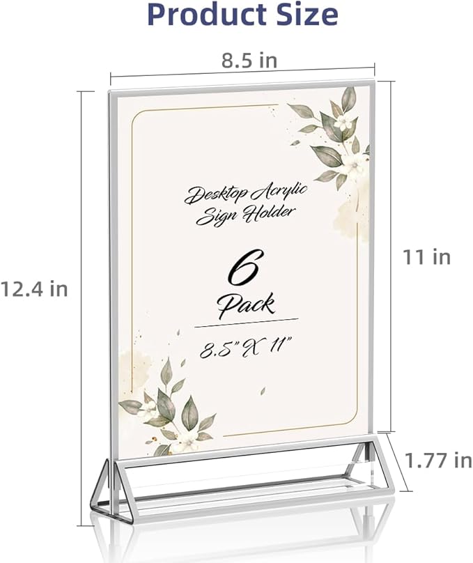 Clear Acrylic Sign Holder 8.5X11 with Silver Borders Display Stand, Double Sided Acrylic Picture Frames Plastic Sign Holder for Wedding Table Numbers Menu Holder (6 Pack)
