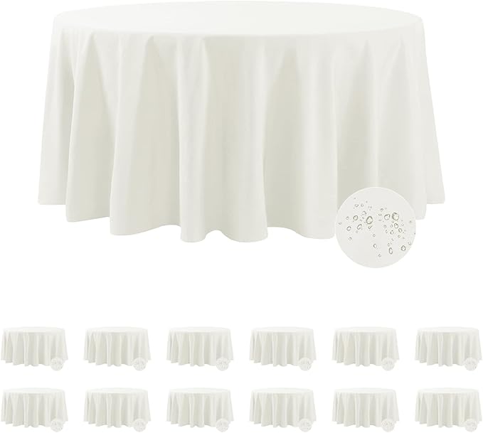 Fokitut 12 Pack Waterproof Round Tablecloth, 108 Inch, Stain Resistant and Wrinkle Polyester Table Cloth, Fabric Table Cover for Kitchen Dining, Wedding, Party, Holiday Dinner-Ivory