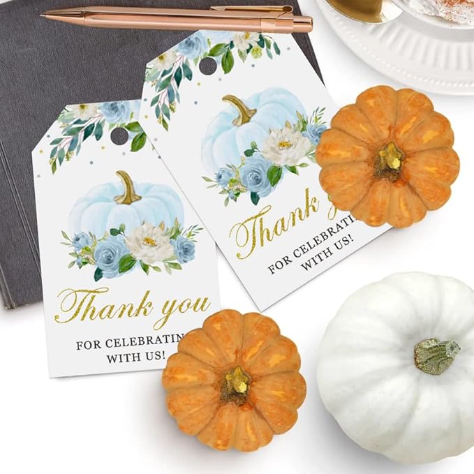 50 Pcs Pumpkin Gift Tags, Fall Theme Gift Tags with String, Thank You for Celebrating with Us Tags for Wedding Thanksgiving Birthday Baby Shower Party Favors (Color Blue)