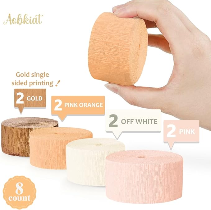 AOBKIAT Wedding Decor Gold Pink Orange Gold Crepe Paper 8 PCS Streamers Party Decorations for Wedding,Bachelorette,Birthday,Bridal Baby Shower,Anniversary Party Backdrop