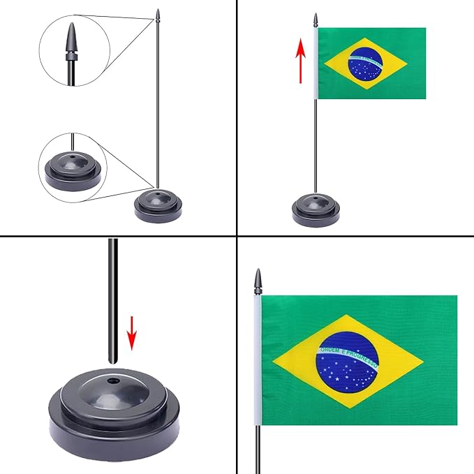 WXTWK 2 Pack Brazil Flag Brazil Deluxe Desk Flag Set - Mini Small Brazilian Table Office Flags with Black 12" Solid Pole Stand Base Classroom Meeting Desktop Decorations