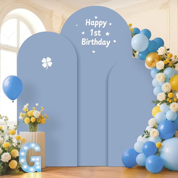 Arch Backdrop Stand and Cover Set of 3 6FT 6.6FT 7.2FT Dusty Blue Spandex Arch Backdrop Covers Set Metal Arch Frame Stand Balloon Arched Covers for Birthday Party Wedding Ceremony Reception