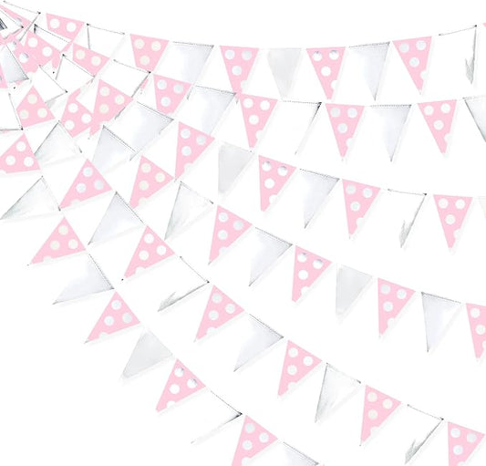 30 Ft Silver Pink Polka Dot Pennant Banner Blush Paper Circle Dot Triangle Flags Bunting Garland for Baby Shower Bridal Shower Wedding Bachelorette Christmas Holiday Girls Birthday Party Decorations