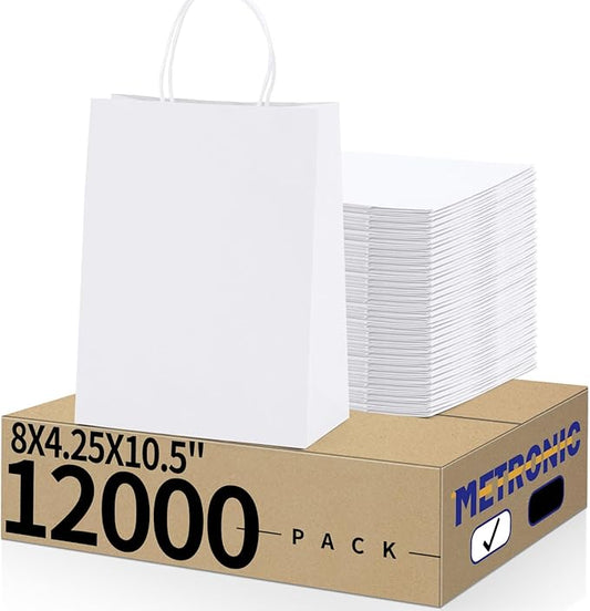 METRONIC Kraft Paper Gift Bags with Handles 8x4.75x10.5 Inch 12000 Pack | Christmas, Birthday Party Favors, Retail Shopping, Small Business Bulk | White Gift Wrap Bag