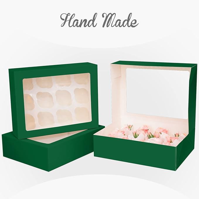 12 Cupcake Containers 10-Packs Forest Green Cupcake Box Cupcakes Carrier, 12 Cupcake Boxes with Window 13"x10"x3.5"（Auto-pop up）