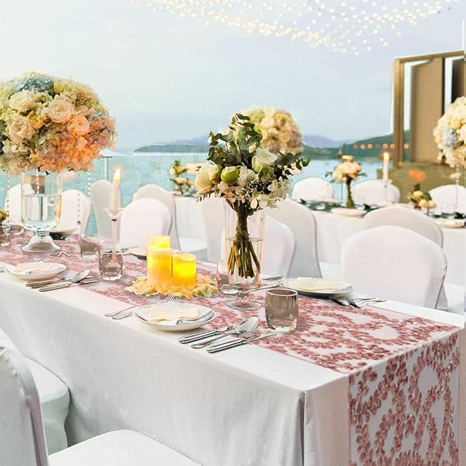 Sequin Table Runners 5 Pieces Rose Gold Flower Table Runners 12x72 Inch Glitter Dining Table Cover for Party Wedding Birthday Reception Banquet Decoration Spring Party Chair Sashes