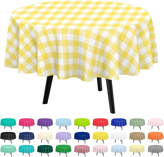 QIKSION Yellow Gingham Round Tablecloth 3 Pack, 84 Inch Plastic Checkered Table Cover Disposable for Parties