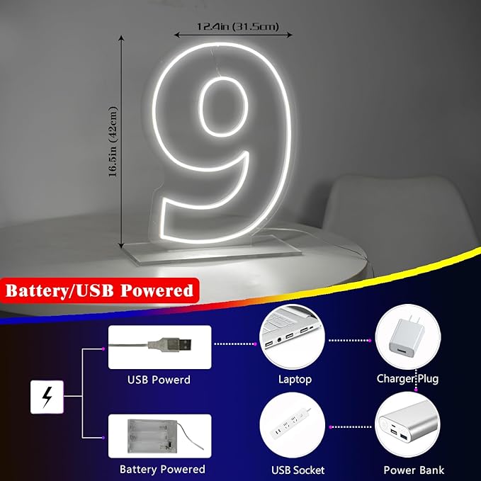 Number 9 Neon Sign for First Birthday, 16.54" Cool White USB Battery Powered Led Neon Sign for Party Wedding Anniversary Decor Light Sign (Number 9)