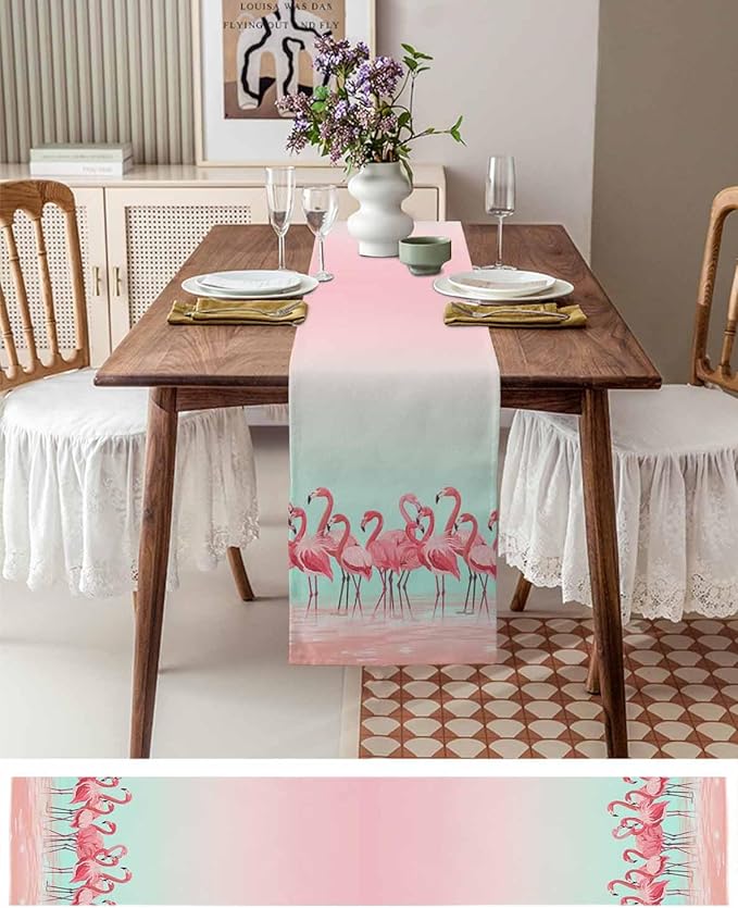 Tropical Flamingo Cotton Linen Table Runner for Dining Kitchen, Wedding Outdoor Party Tablerunners Decoration, Pink Bird Coastal Nautical Animal Dresser Scarf Coffee Tablecloth Runners 13x60 Inches