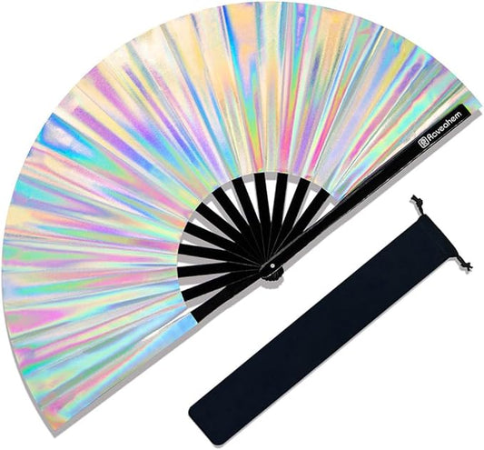 Large Rave Fan, Clack Folding Hand Fan with Premium Fabric, Thick Bamboo Frame for Men Women Gift for EDM, Festival, Club, Party, Dance, Decoration (Holographic Silver, 11")