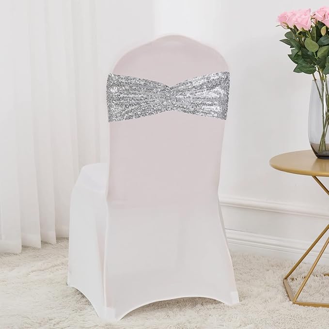 SquarePie Pack of 100 Chair Sashes Bows Sparkly Silver Sequin Chair Bands for Wedding Party Banquet Home Decor