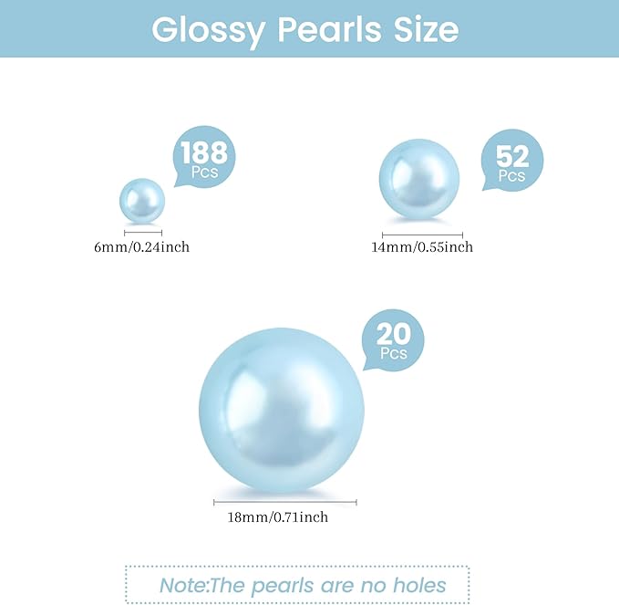 260Pcs Lightblue Glossy Beads - 6mm, 14mm, 18mm Round Plastic Pearl Beads for Centerpiece Decor, Wedding, Birthday, Christmas Party, Home Decor