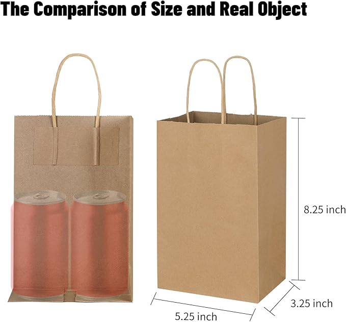 Toovip 50 Pack 5.25x3.25x8.25 Inch Small Plain Brown Kraft Paper Bags with Handles Bulk, Gift Bags for Favor Grocery Retail Party Birthday Shopping Business Goody Craft Merchandise Take Out Sacks