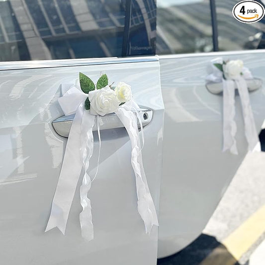 4PCS Wedding Car Door Handle Decorative Flowers, White Artificial Cars Bouquet Flower Bowknot Ribbon Decor, Just Married Automotive Decorations Accessories for Door Handles