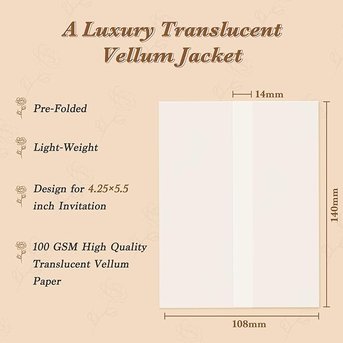 60 Pack Pre-Folded Vellum Jackets for 4.25x5.5 Invitations, Translucent Vellum Paper 4.25x5.5 Jackets, 100GSM Wedding Invitations Wraps, Envelope Liners for Birthdays, Baby Showers
