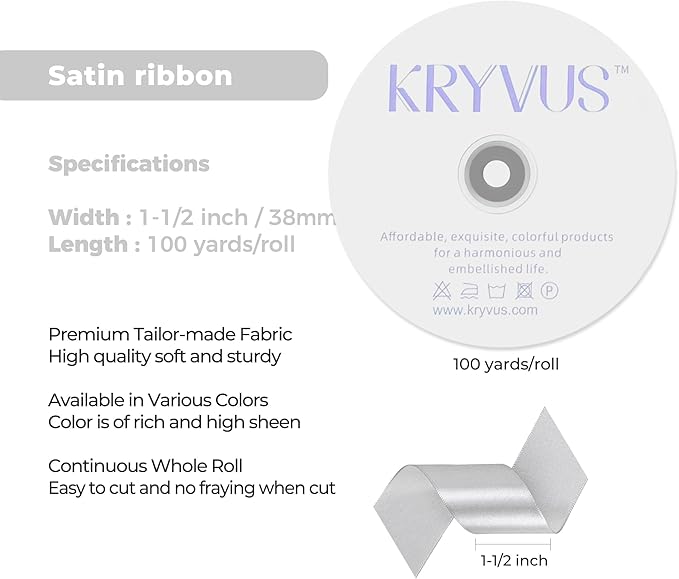 Silver Satin Ribbon 1-1/2 inch X Continuous 100 Yards, Single Face Polyester Ribbon Perfect for Gift Wrapping, Flower Bouquet, Wedding Decor, Crafts, Bow Making, Sewing and More