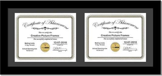 Creative Picture Frames 14X30Bk-B Black Horizontal Double Diploma Frame With 2 Opening Black Mat, Holds 2-11X14-Inch Documents With Wall Hanger