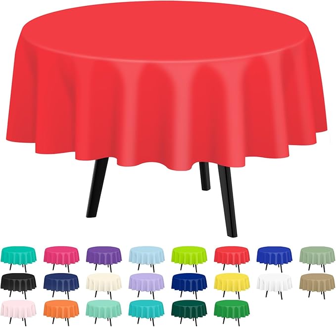 QIKSION Red Round Tablecloth 12 Pack, 84 Inch Plastic Table Cover Disposable for Parties