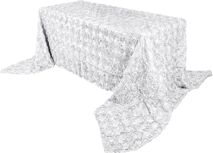 Efavormart 90"x156" Wholesale Rectangle Table Cover White Grandiose Rosette 3D Satin Tablecloth for Wedding Party Event Decoration