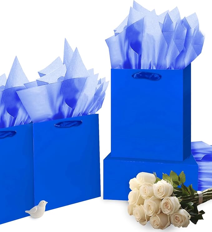 Gcardist Dark Blue Gift Bags with Tissue Paper for Wedding, Birthday, Party Supplies-7.9"x4.3"x9.6" Medium Size Cardboard Gift Bags（5pcs Bags +10pcs Tissue Paper ）