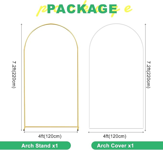 Metal Arch Backdrop Stand and Cover Set, 7.2FT White Reusable Spandex Fitted Backdrop Cover and Gold Wedding Arch Frame for Baby Shower, Birthday, Parties Decoration.
