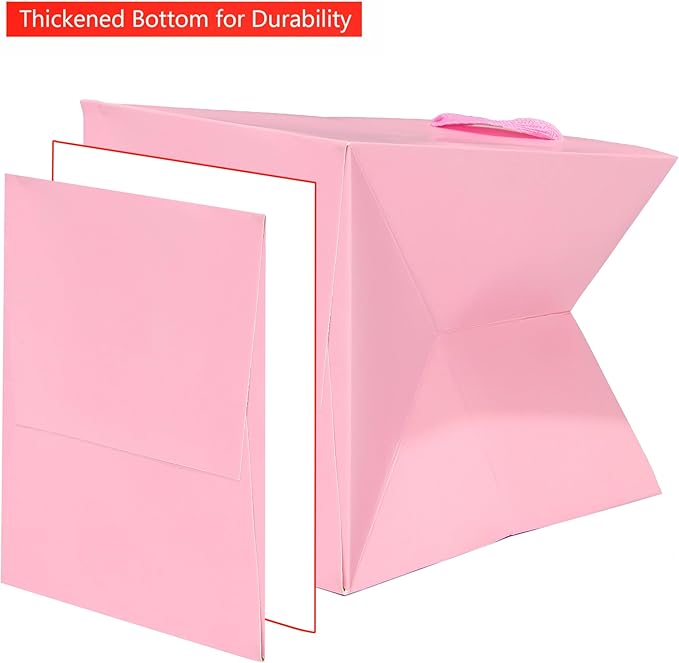Pink Paper Gift Bag 4 in Paper Gift Box Small Square Bottom Kraft Paper Bags with Handles for Wedding Baby Shower Birthday Party (Pink, 4 x 4 x 4 in, 10 CT)