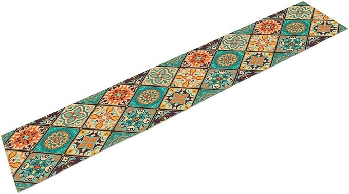 Bohemian Patchwork Table Runnerboho Colorful Tile Patchwork Indian Floral Print Table Runner for Home Kitchen Indoor Outdoor Party Wedding Decor, 13x60inch