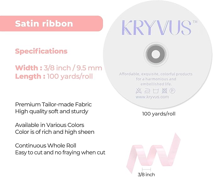 Baby Pink Satin Ribbon 3/8 inch X Continuous 100 Yards, Single Face Polyester Ribbon Perfect for Gift Wrapping, Flower Bouquet, Wedding Decor, Crafts, Bow Making, Sewing and More