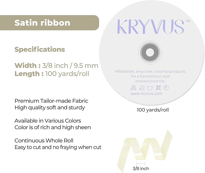 Beige Satin Ribbon 3/8 inch X Continuous 100 Yards, Single Face Polyester Ribbon Perfect for Gift Wrapping, Flower Bouquet, Wedding Decor, Crafts, Bow Making, Sewing and More