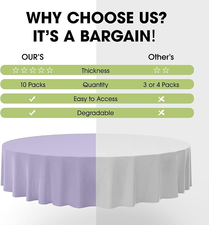 Pureegg Plastic Table Cloth Disposable 10 Pack, 84'' Round Table Cloths, Easter Party, Decorative Tablecloths, Round, Light Purple, Pastel, Plastic Cover, Leakproof & Sturdy, Lilac, Lavender