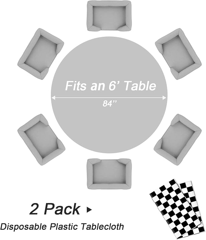 QIKSION Black and White Gingham Round Tablecloth 2 Pack, 84 Inch Plastic Checkered Table Cover Disposable for Parties