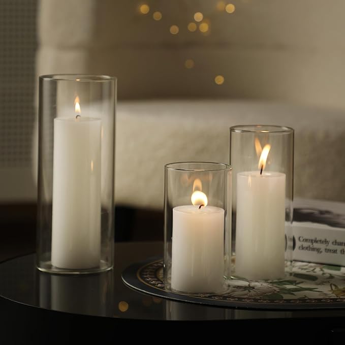 UDU Set of 6 White Pillar Candles and 6 Glass Cylinder Vases Hurricane Holders, Slim Pillar Candle Holder, Cylinder Vases for Centerpieces Wedding Table Party Home Decor(2.6" X 4.7", 5.9", 7.9")