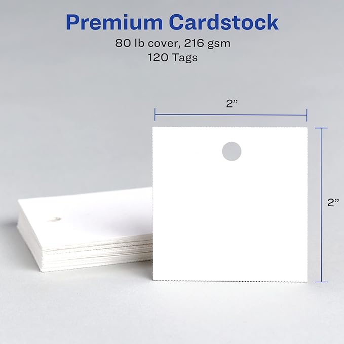 Avery Square Tags, Sure Feed Technology, 2" x 2", Matte White, Strings Included, 120 Total, Print-to-The-Edge, Laser/Inkjet Printable (80513)