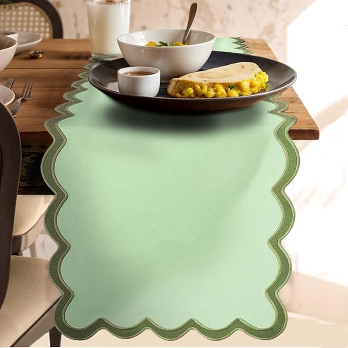 Folkulture Table Runner | Table Runners 72 inches Long | Scallop Table Runner for Farmhouse Decor or Boho Decor | Sage Green Table Runners for Dining Room Table Decor | Pastel Party Decorations
