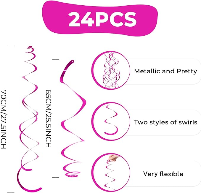 24 PCS Hot Pink Hanging Swirl, Fuschia Sparkle Ceiling Hanging Decorations, Plastic Streamer Party Decorations with Double-Swirls and Single-Swirls for Birthday Decorations, Summer, Hawaiian