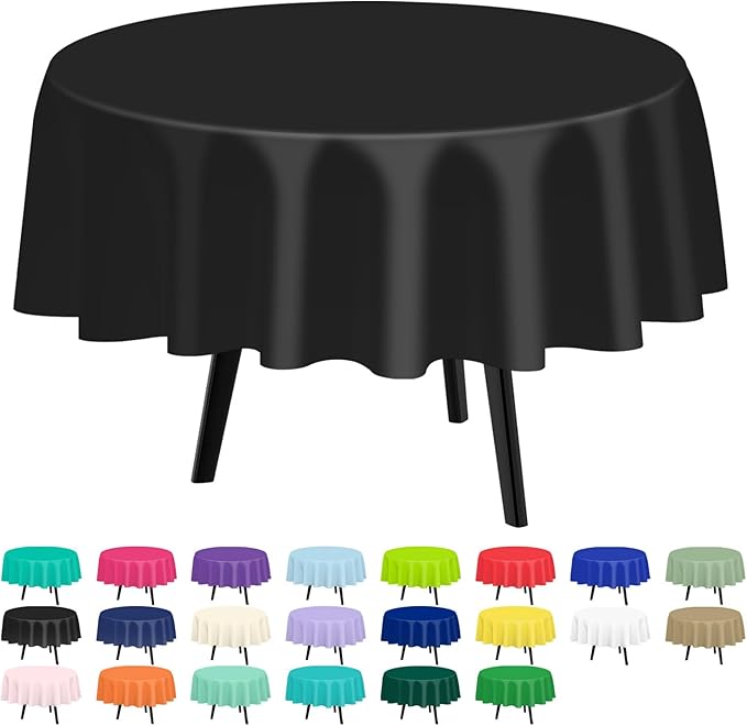 QIKSION Black Round Tablecloth 6 Pack, 84 Inch Plastic Table Cover Disposable for Parties