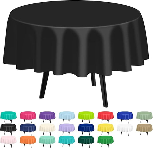 QIKSION Black Round Tablecloth 6 Pack, 84 Inch Plastic Table Cover Disposable for Parties