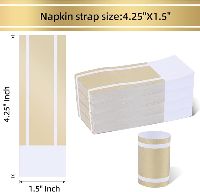 Germiwipe Gold Napkin Band,Paper Napkin Rings Self Adhesive,200PCS Silverware Wraps Bands,Table Setting Wedding Event Party Supply NB-015