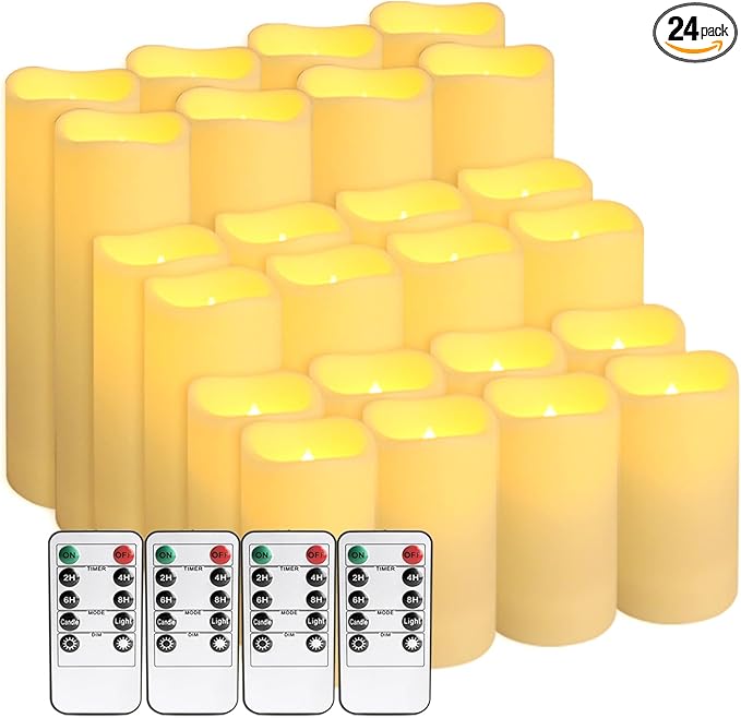 pliadvbu Flameless Pillar Candles with 4 Remote Control and Timer,Realistic Waterproof LED Candles, Long Lasting, Pack of 24 (H 4" 5" 6" x D 2.2"),for Christmas Decorations,Table,Aniversary