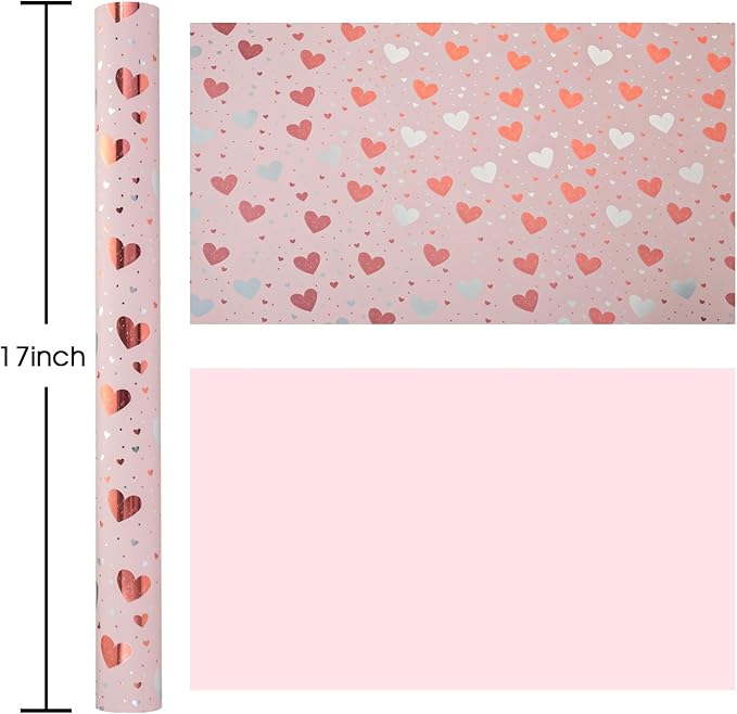 Burymento Gold Foil Heart Wrapping Paper, Reversible Pink Gift Wrap for Birthday, Valentines, Mothers day, Graduation, Wedding, Fathers day, Baby Shower, Christmas (17in x 32.8ft)