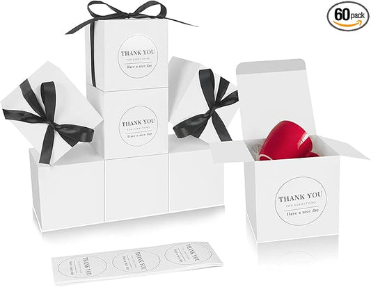 COTOPHER Small Gift Boxes 60 Pack 4x4x4 inches White Gift Boxes with Lids for Gifts, Crafting, Wedding Party Favor, Cupcake Boxes, Candy, Bridesmaids Proposal Box with Ribbons and Stickers (White, 60)