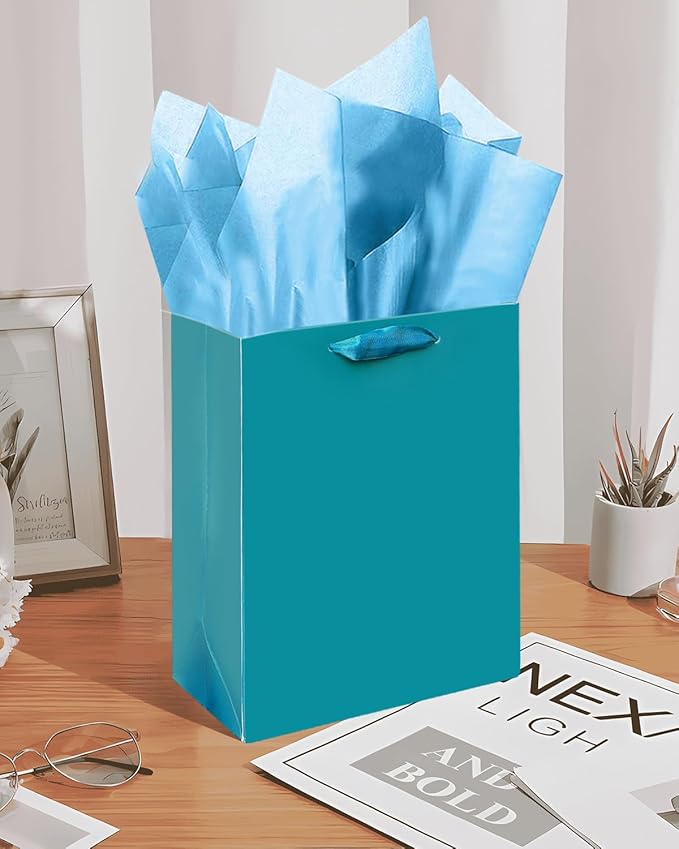 Gcardist Denim Blue Gift Bags with Tissue Paper for Wedding, Birthday, Party Supplies-7.9"x4.3"x9.6" Medium Size Cardboard Gift Bags（5pcs Bags +10pcs Tissue Paper ）
