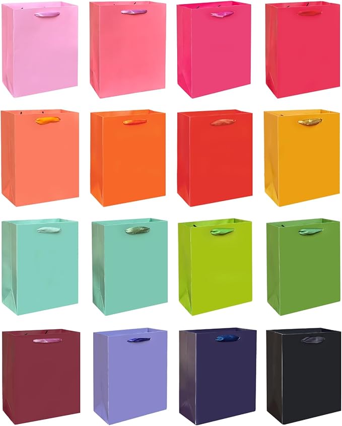 Gcardist 16 Colors Gift Bags with Tissue Paper for Wedding, Birthday, Party Supplies-7.9"x4.3"x9.6" Light Color Series Medium Size Cardboard Gift Bags （16pcs Bags +32pcs Tissue Paper ）