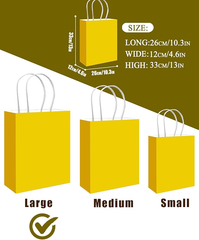 qiqee 100PCS Gift Bag with Handles Bulk Bright Yellow Paper Bags Multiple Uses (13''x5 x10 inch Large Size)