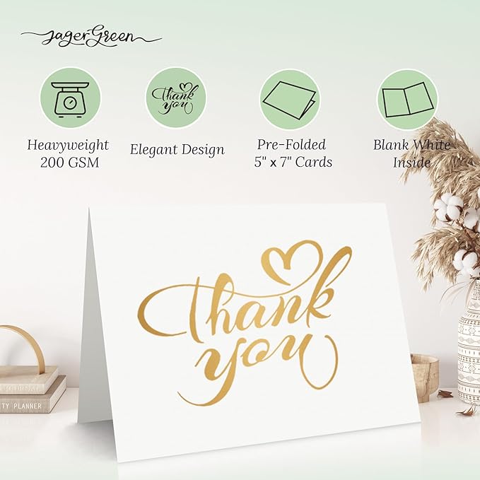 50 Pack 5x7 Thank You Cards, White Blank Card Stock Bulk, Thick Folded Heavy Card Paper, Thank You Notes for Wedding Invitation, Greeting Cards, Envelopes, Card Making Supplies (Cards Only)