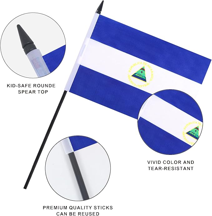 Nicaragua Desk Flag 12" Solid Pole Deluxe Set Nicaraguans Flags Banner Mini Small Nicaragua Office Table Flags with Black Stand Base Desktop Decorations(2Pack)