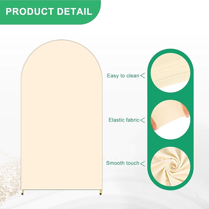 Metal Arch Backdrop Stand and Cover Set, 6FT Beige Reusable Spandex Fitted Backdrop Cover and Gold Wedding Arch Frame for Baby Shower, Birthday, Parties Decoration.