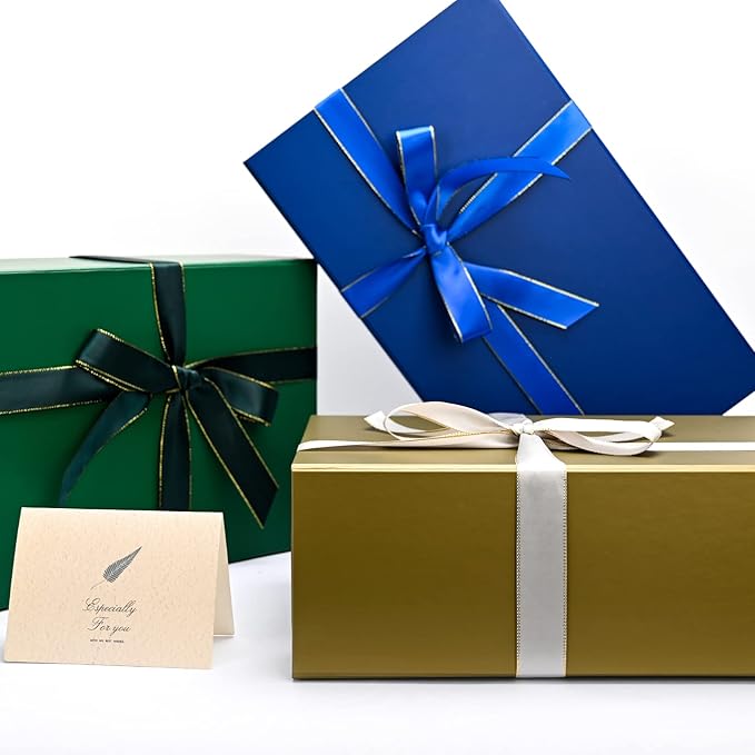 LIFELUM Empty Gift Boxes 1 Pack 13.85 x 8.35 x 4.45 inch Rectangle Collapsible Box with Magnetic Lid and Ribbon,Card,Shredded Paper Filler
